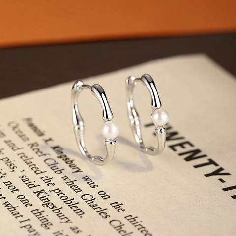 Orecchini a Cerchio in Argento Sterling 925 a Forma di Bambù Con Perla Artificiale per Donna Gioielli Minimalisti Eleganti