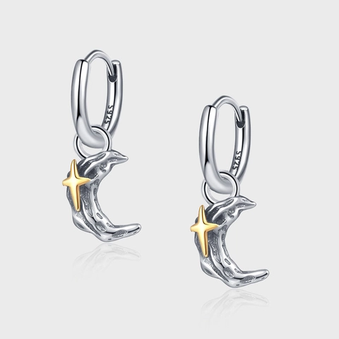 Vintage S925 Sterlingsilber Mond Stern Ohrringe Meteorit-Textur Gold Silber Kontrast Retro Schmuck Damen