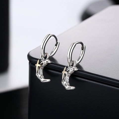 Vintage S925 Sterlingsilber Mond Stern Ohrringe Meteorit-Textur Gold Silber Kontrast Retro Schmuck Damen