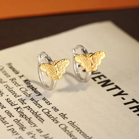 925 Sterlingsilber Schmetterling Creolen Gold Silber Kontrast Textur Zierliche Insekten Hängeohrringe Für Damen Mode Schmuck