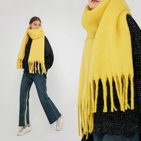Women's Solid Color Warm Soft Knit Scarf With Tassels Thick Polyester Pashmina Style Shawl For Winter Autumn Plain Long Scarf