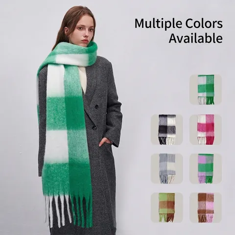 Écharpe à Carreaux Chaude d'Hiver pour Femmes Châle à Grille en Polyester Épaissi Écharpe Longue à Glands de Mode pour le Quotidien Extérieur