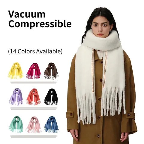 Bufanda de Imitación de Cachemira para Mujer Engrosada Color Sólido Borla Borde de Pespunte Bufanda de Invierno Cálida de Poliéster