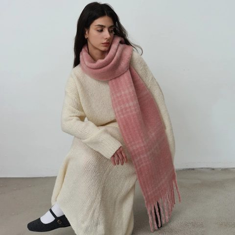 Bufanda Cálida Gruesa de Invierno para Mujer Patrón de Cuadros Rétro Poliéster Suave Tejido Pashmina Con Borlas Largas Calentador
