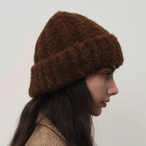 Gorro de Punto de Lana Cálido de Invierno para Mujer Retro Color Block Circunferencia de Cabeza Grande Borde Doblado Térmico