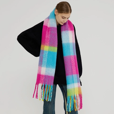 Écharpe d'Hiver Épaisse Et Chaude En Poliester Pour Femmes Châle Tissé À Carreaux Colorés Avec Longues Franges Écharpe Décontractée De Mode