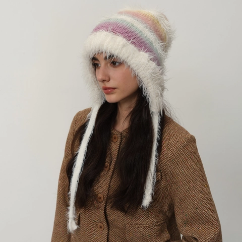 Women's Gradient Plush Knitted Beanie Hat Faux Fur Trim Earflap Warm Winter Trapper Hat Soft Cozy Knit Cap For Outdoor