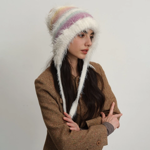 Women's Gradient Plush Knitted Beanie Hat Faux Fur Trim Earflap Warm Winter Trapper Hat Soft Cozy Knit Cap For Outdoor