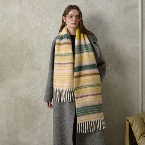 Écharpe Rayée à Carreaux en Mélange de Laine de Créateur pour Femme Hiver Chaud Épais Tricoté Châle Gland Mode Doux Cache-Cou Long