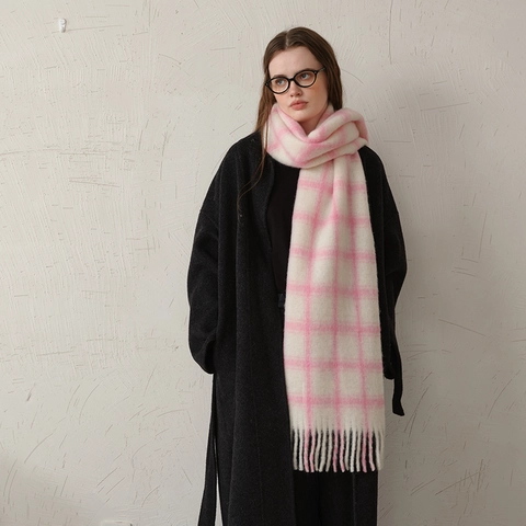 Bufanda a Cuadros de Lana de Diseñador para Mujer Otoño Invierno Cálida Suave Borla Tablero Ajedrez Chal