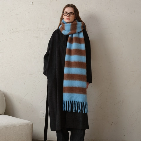 Sciarpa a Righe in Acrilico Calda Ispessita Invernale da Donna Scialle a Quadretti Color Block con Nappe Moda Accessori per il Freddo