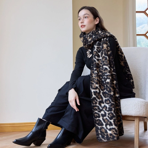 Sciarpa a Maglia Vintage Con Stampa Leopardata da Donna Morbida Spessa Calda Doppia Faccia Moda Invernale Scialle Scaldacollo