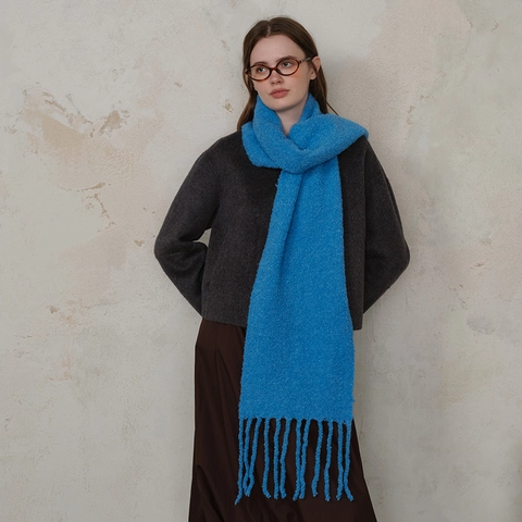 Nordic Style Women Wool Blend Boucle Knit Scarf Solid Color Warm Long Scarf With Tassels Soft Winter Neck Wrap Pashmina