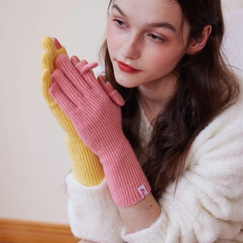 Women Winter Wool Knitted Gloves Warm Solid Color Ribbed Cuff Flip Top Fingerless Mittens Soft Outdoor Commuting Accessory