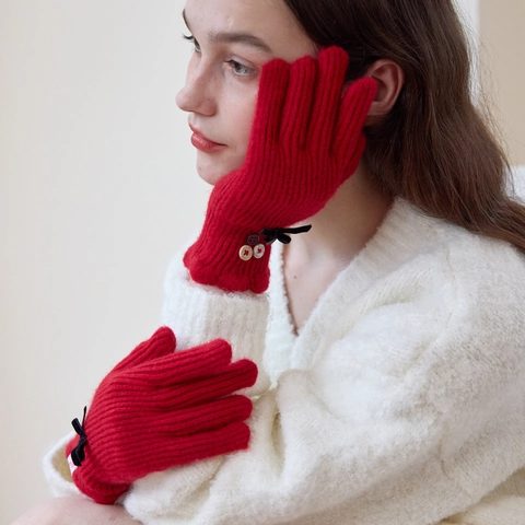 Eleganti Guanti Invernali da Donna in Misto Lana a Maglia Con Funzione Touch Screen Decorazione Fiocco e Bottoni Guanti Termici Caldi