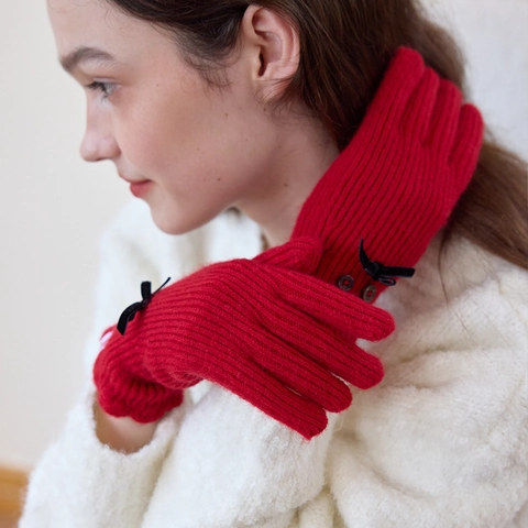 Eleganti Guanti Invernali da Donna in Misto Lana a Maglia Con Funzione Touch Screen Decorazione Fiocco e Bottoni Guanti Termici Caldi