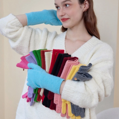 Women Winter Warm Wool Blend Knitted Gloves Solid Color Touchscreen Removable Double Use Full Finger Mittens