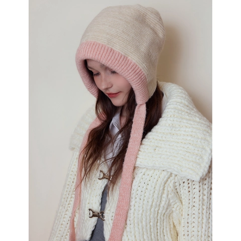 Berretto in Maglia di Misto Lana a Blocchi di Colore Vintage per Donna Inverno Caldo Protezione per Le Orecchie Balaclava Moda