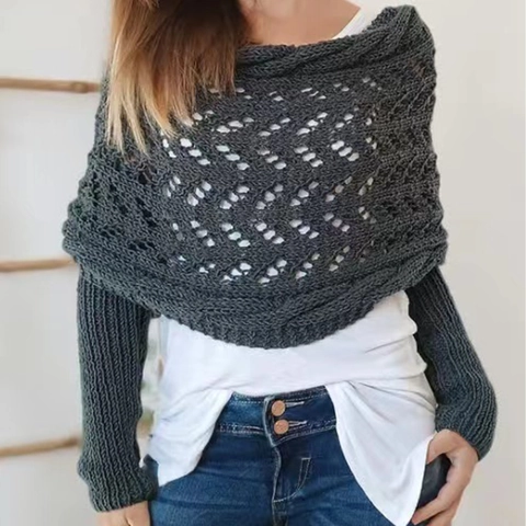 Hollow Out Knit Shawl With Sleeves Polyester Long Wrap Casual Warm Shrug For Women Autumn Winter Fashion