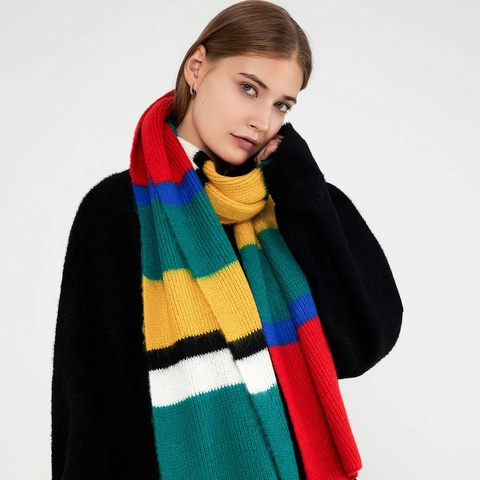 Écharpe en Mohair Tricotée à Rayures Arc-en-ciel Colorées pour Femmes Écharpe d'Hiver Épaisse et Chaude Châle en Faux Cachemire Patchwork Long Pashmina