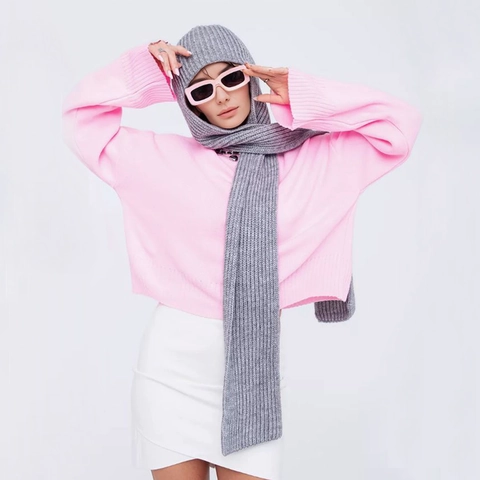 Winter Warm Knit Hooded Scarf Balaclava For Women Men Soft Ribbed Acrylic Pullover Scarf Hat Integrated Neck Warmer Accessories