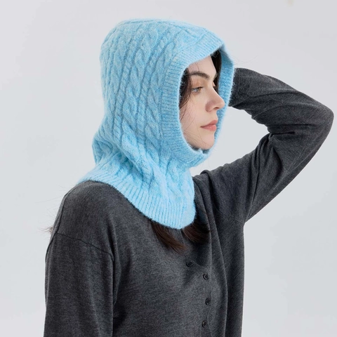 Women Cable Knit Wool Blend Balaclava Hat Winter Warm Hooded Scarf Windproof Solid Color Outdoor Knitted Beanie Warmer