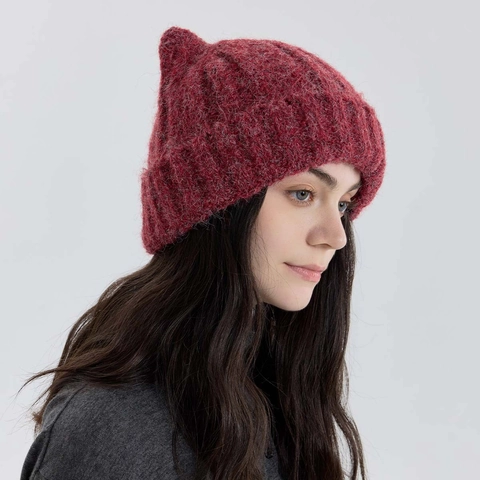Berretto in Maglia con Orecchie di Gatto per Donna Morbido Caldo Misto Lana Tinta Unita Cappello all'Uncinetto Accessorio Invernale
