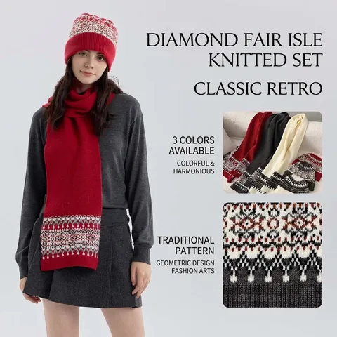 Vintage Fair Isle Knit Hat And Scarf Set Geometric Nordic Jacquard Warm Thick Winter Accessories For Women Men Christmas Gift