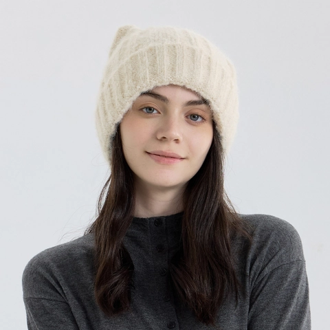 Berretto in Maglia con Orecchie di Gatto per Donna Morbido Caldo Misto Lana Tinta Unita Cappello all'Uncinetto Accessorio Invernale
