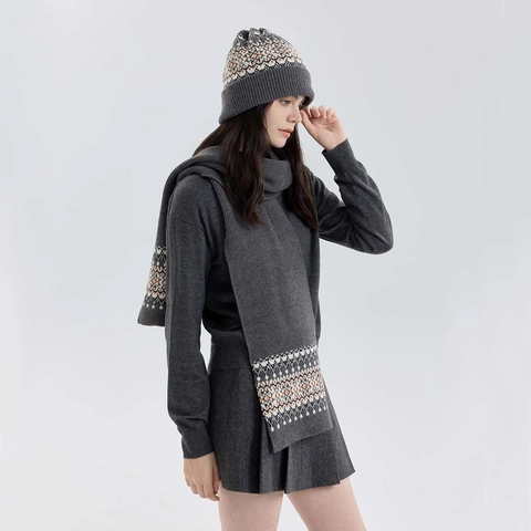 Vintage Fair Isle Knit Hat And Scarf Set Geometric Nordic Jacquard Warm Thick Winter Accessories For Women Men Christmas Gift