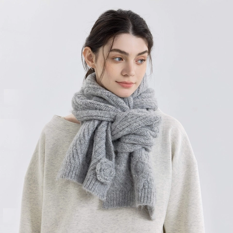 Sciarpa da Donna Invernale in Misto Lana a Trecce Con Decorazione a Rosa Sciarpa Lunga Spessa Calda e Morbida Scaldacollo per Uso Quotidiano Moda Casual