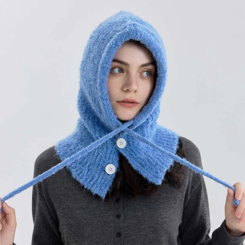 Donna Inverno Misto Lana Lavorato a Maglia Passamontagna Cappuccio Integrato Sciarpa Cappello Con Bottoni Caldo Antivento Tinta Unita