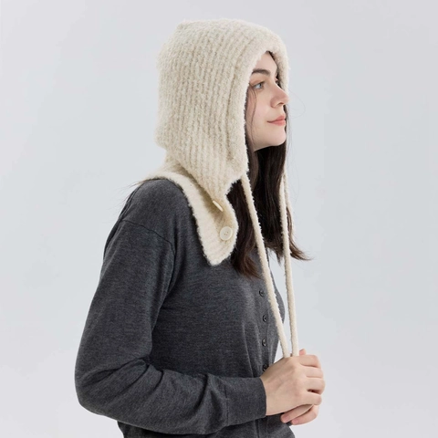 Donna Inverno Misto Lana Lavorato a Maglia Passamontagna Cappuccio Integrato Sciarpa Cappello Con Bottoni Caldo Antivento Tinta Unita