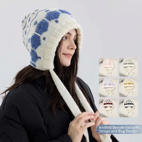 Women Hexagonal Snowflake Knitted Earflap Hat Warm Wool Blend Winter Beanie With Lace Up Straps Windproof Outdoor Fashion Cap