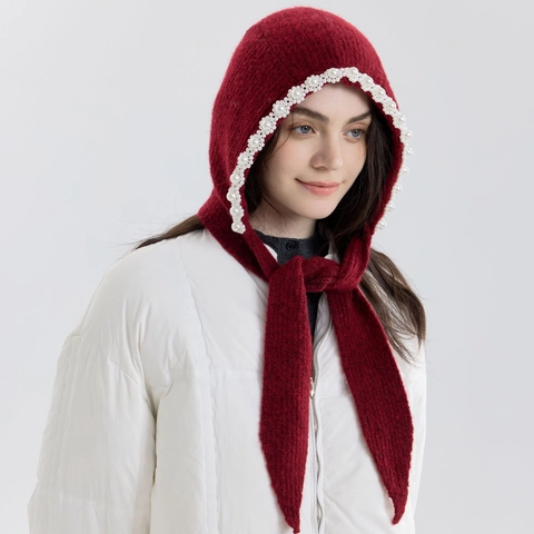 Women Wool Blend Knitted Hood Beanie With Artificial Pearl Decoration Warm Winter French Ear Protection Tie-up Bonnet