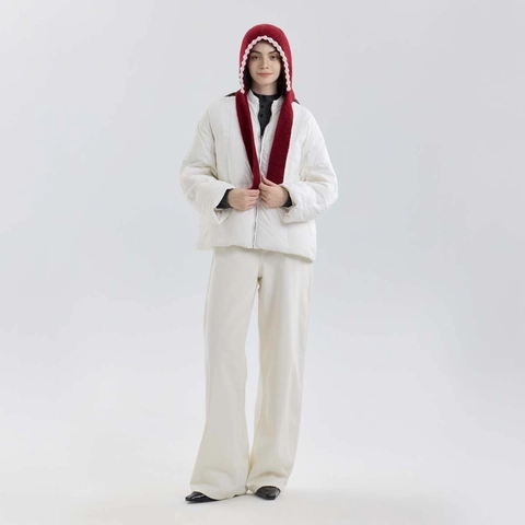 Women Wool Blend Knitted Hood Beanie With Artificial Pearl Decoration Warm Winter French Ear Protection Tie-up Bonnet