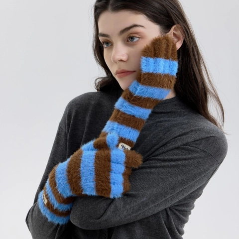 Women Y2K Striped Knitted Gloves Winter Warm Plush Faux Fur Fingerless Arm Warmers Soft Fuzzy Thermal Long Mittens Accessories