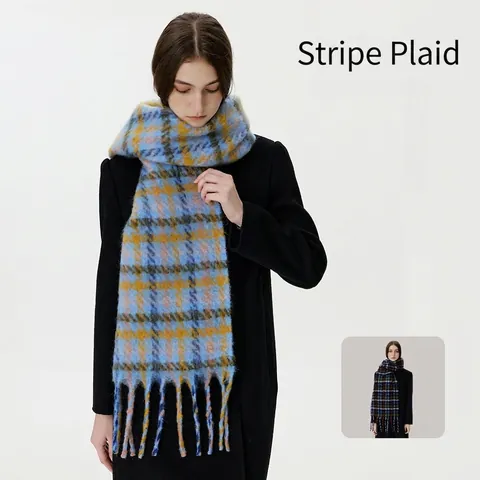 Winter Plaid Tassel Scarf For Women Thick Warm Faux Mohair Long Scarf Multi Color Checked Striped Shawl Wraps For Cold Weather