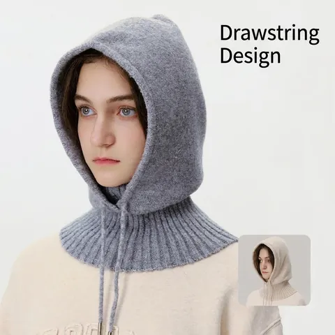 Women Winter Wool Blend Balaclava Hat Knitted Warm Neck Guard Drawstring Hooded Scarf Solid Color Outdoor Windproof Cap