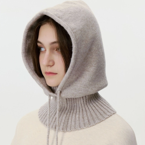 Women Winter Wool Blend Balaclava Hat Knitted Warm Neck Guard Drawstring Hooded Scarf Solid Color Outdoor Windproof Cap