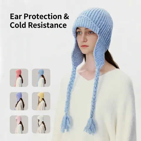 Gorro de Punto con Orejeras de Mezcla de Lana de Invierno para Mujer Borla Trenzada Cálido a Prueba de Viento Color Sólido Moda