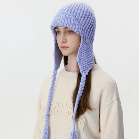 Gorro de Punto con Orejeras de Mezcla de Lana de Invierno para Mujer Borla Trenzada Cálido a Prueba de Viento Color Sólido Moda