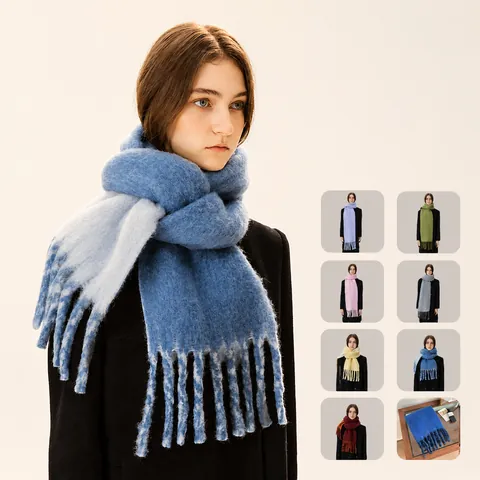 Bufanda de Mezcla de Lana Gruesa para Mujer Con Borlas Minimalista Color Sólido Patchwork Chal Cálido Invierno Bufanda para Mujer Envoltura Moda