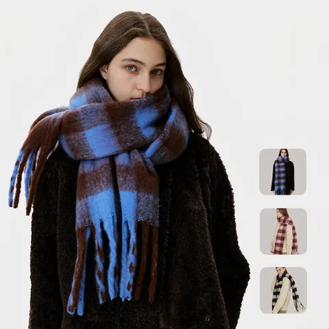 Women Plaid Tassel Scarf Soft Polyester Thick Warm Winter Shawl Large Checkered Mohair Style Wrap Cozy Autumn Accessory