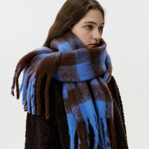 Women Plaid Tassel Scarf Soft Polyester Thick Warm Winter Shawl Large Checkered Mohair Style Wrap Cozy Autumn Accessory