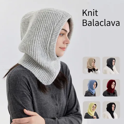 Passamontagna da Donna in Misto Lana a Maglia Tinta Unita Cappuccio Sciarpa Calda Invernale Scaldacollo Integrato Antivento Moda Copricapo