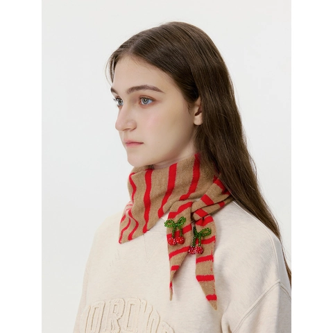 Bufanda Triangular de Mezcla de Lana de Punto para Mujer con Bandana de Cereza de Ganchillo Hecha a Mano 3D Calentador de Cuello