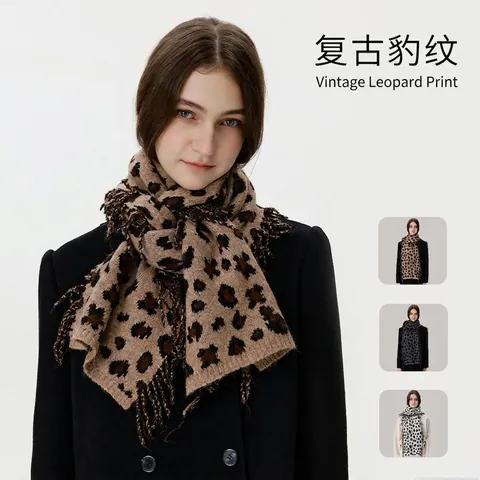 Écharpe en Tricot Imprimé Léopard Rétro Tendance pour Femme Hiver Châle Épais Avec Glands Doux Chaud Mélange de Laine