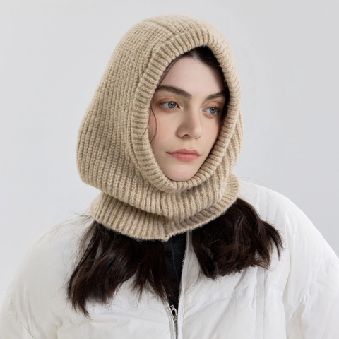 Passamontagna da Donna in Misto Lana a Maglia Tinta Unita Cappuccio Sciarpa Calda Invernale Scaldacollo Integrato Antivento Moda Copricapo