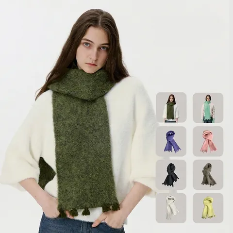 Écharpe Tricotée en Mélange de Laine de Style Coréen pour Femmes Couleur Unie Longue Chaude Glands Écharpe Hiver Mohair Doux Châle